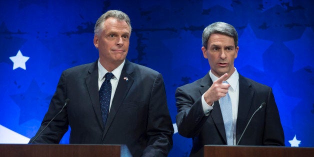 MCLEAN, VA -- SEPTEMBER 25: Virginia gubernatorial candidates Democrat Terry McAuliff, former DNC Chair, and Republican Ken Cuccinelli, II, Attorney General for Virginia, before the start of a debate moderated by NBC4 Chuck Todd in McLean, Virginia, on Wednesday, September 25, 2013. (Photo by Nikki Kahn/The Washington Post via Getty Images)