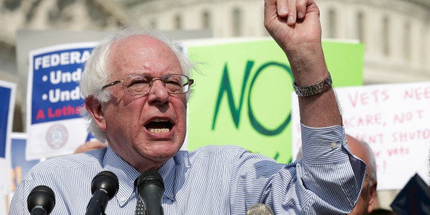 WASHINGTON, DC - OCTOBER 04: Sen. Bernie Sanders (I-VT) speaks during a protest held by furloughed federal workers outside t