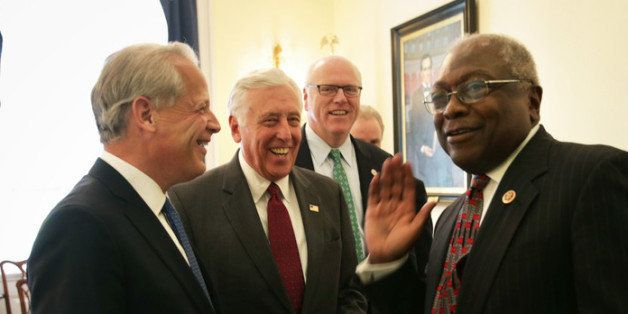 WASHINGTON, DC - OCTOBER 16: Assistant U.S. House Minority Leader Rep. James Clyburn (D-SC) (R) shares a moment with House Minority Whip Rep. Steny Hoyer (D-MD) (2nd L), Vice Chair of the House Democratic Caucus Rep. Joseph Crowley (D-NY) (3rd L), and Democratic Congressional Campaign Committee Chairman Rep. Steve Israel (D-NY) (L) as they leave after a House Democratic leadership meeting October 16, 2013 on Capitol Hill in Washington, DC. On the sixteenth day of a government shutdown, Senate Majority Leader Sen. Harry Reid (D-NV) and Minority Leader Sen. Mitch McConnell (R-KY) announced that they have reached to an agreement to raise the nation's debt ceiling and reopen the government. (Photo by Alex Wong/Getty Images)