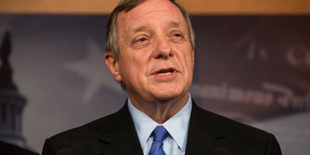 WASHINGTON, DC - OCTOBER 16: Sen. Dick Durbin (D-IL) speaks at a press conference after successfully pushing a bipartisan bill through the U.S. Senate to restart the government and raise the debt limit at the U.S. Capitol October 16, 2013 in Washington, DC. The bill still needs to be approved by the house. If the bill is signed into law, it will fund the government until January 15, 2014 and allow the government to pay bills until February 7, 2014. (Photo by Andrew Burton/Getty Images)