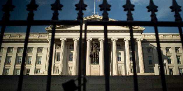 The U.S. Treasury stands in Washington, D.C., U.S., on Monday, Oct. 21, 2013. Bidding at the U.S. Treasury's auction of $35 billion in three-month bills showed this month's partial government shutdown remains on the minds of investors even after a last-minute agreement removed the risk of default. Photographer: Andrew Harrer/Bloomberg via Getty Images