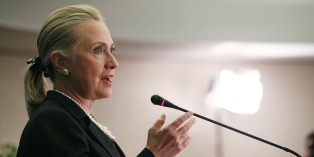 WASHINGTON, DC - OCTOBER 12: U.S. Secretary Hillary Clinton speaks about North Africa at the Center for Strategic & Internati