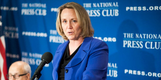 UNITED STATES - JANUARY 7: Stephanie Schriock, president of Emily's List, holds a news conference at the National Press Club on Monday, Jan. 7, 2013, to speak about the strategy that swept new Democratic women lawmakers into Congress. (Photo By Bill Clark/CQ Roll Call)