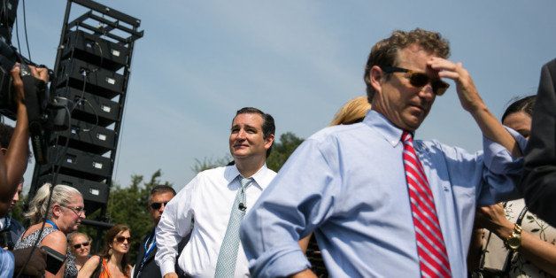 WASHINGTON, DC - SEPTEMBER 10: U.S. Sen. Ted Cruz (R-TX) (L) and U.S. Sen. Rand Paul (R-KY) arrive for the 'Exempt America from Obamacare' rally, on Capitol Hill, September 10, 2013 in Washington, DC. Some conservative lawmakers are making a push to try to defund the health care law as part of the debates over the budget and funding the federal government. (Photo by Drew Angerer/Getty Images)