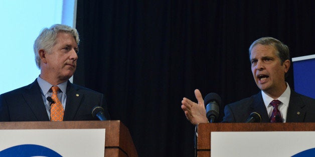 Leesburg, VA - OCTOBER 2:The two major party candidates for Virginia Attorney General - Democrat Mark Herring, L, and Republican Mark Obenshain - participate in a campaign debate hosted by the Loudoun County Chamber of Commerce at the National Conference Center on Wednesday, October 2, 2013, in Leesburg, VA. The two candidates face off before an audience of Loudoun's top business, government and community leaders in this special Loudoun County Chamber 'PolicyMaker Series' event.(Photo by Jahi Chikwendiu/The Washington Post via Getty Images)