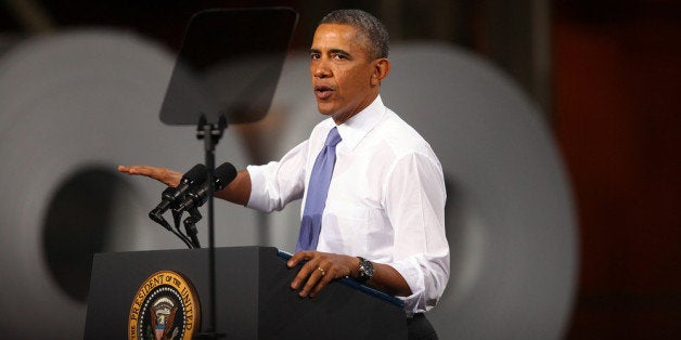 CLEVELAND, OH - NOVEMBER 14: U.S. President Barack Obama speaks to workers at ArcelorMittal, the world's largest steel company, November 14, 2013 in Cleveland, Ohio. The President touched on the topics of the economy and health care. (Photo by Michael Francis McElroy/Getty Images)