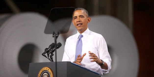 CLEVELAND, OH - NOVEMBER 14: U.S. President Barack Obama speaks to workers at ArcelorMittal, the world's largest steel company, November 14, 2013 in Cleveland, Ohio. The President touched on the topics of the economy and health care. (Photo by Michael Francis McElroy/Getty Images)