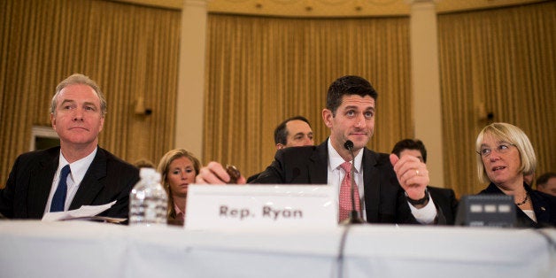 UNITED STATES - NOVEMBER 13: From left, Rep. Chris Van Hollen, D-Md., budget-conference committee co-chair Rep. Paul Ryan, R-Wisc., and budget-conference committee co-chair Sen. Patty Murray, D-Wash., listen as Congressional Budget Office Director Doug Elmendorf testifies to the committee on Wednesday, Nov. 13, 2013. (Photo By Bill Clark/CQ Roll Call)