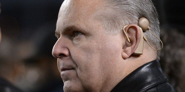 PITTSBURGH, PA - NOVEMBER 18: Radio talk show host and political commentator Rush Limbaugh looks on from the sideline before a National Football League game between the Baltimore Ravens and Pittsburgh Steelers at Heinz Field on November 18, 2012 in Pittsburgh, Pennsylvania. The Ravens defeated the Steelers 13-10. (Photo by George Gojkovich/Getty Images)