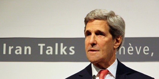 GENEVA, SWITZERLAND - NOVEMBER 24: U.S. Secretary of State John Kerry makes a press release annoucing the agreement reached on Iran's nuclear program on November 24, Geneva, Switzerland. The agreement commits Iran to curb its nuclear activities in exchange for limited and gradual sanctions relief. (Photo by Murat Unlu/Anadolu Agency/Getty Images)