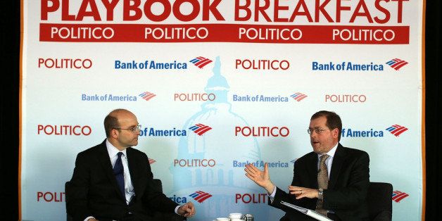 WASHINGTON, DC - NOVEMBER 28: Grover Norquist (R), president of Americans for Tax Reform, speaks as Politico Chief White House Correspondent Mike Allen (L) looks on during a Politico Playbook Breakfast November 28, 2012 at the Newseum in Washington, DC. Norquist is known for advocating the 'Taxpayer Protection Pledge,' which 95 percent of Republicans in Congress signed, promising to oppose all tax increases, but some prominent legislators are now publicly wavering on their commitment to it. (Photo by Alex Wong/Getty Images)
