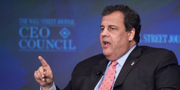 New Jersey Governor Chris Christie is interviewed by Gerard Baker (out of frame), Editor-in-Chief, Dow, Jones & Company, and