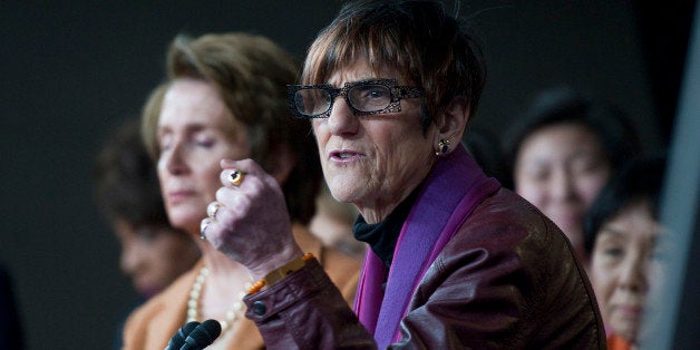 UNITED STATES - FEB 28: U.S. House Minority Leader Nancy Pelosi, D-CA., and Rep. Rosa DeLauro, D-CT., during a news conference on February 28, 2013 on Capitol Hill in Washington, DC. Pelosi and other female members of Congress blamed republicans for doing nothing to stop automatic spending cuts in the so-called sequester, which she said would disproportionately impact women and that Americans ?might as well get a pink slip? directly from House Speaker John Boehner. (Photo By Douglas Graham/CQ Roll Call)