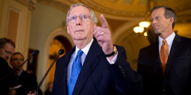 UNITED STATES - NOVEMBER 13: Senate Minority Leader Mitch McConnell, R-Ky., left, and Sen. John Thune, R-S.D., speak to the media after the senate luncheons in the Capitol. (Photo By Tom Williams/CQ Roll Call)