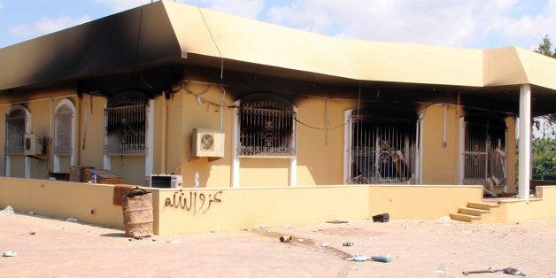 A burnt building is seen inside the US Embassy compound on September 12, 2012 in Benghazi, Libya, following an overnight att