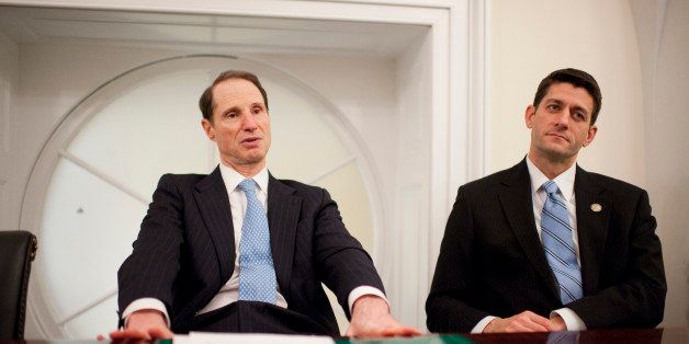 UNITED STATES - DECEMBER 14: Sen. Ron Wyden, D-Ore., left, and House Budget Committee Chairman Paul Ryan, R-Wis., are interviewed in the Capitol about their new proposal to reform Medicare. (Photo By Tom Williams/CQ Roll Call)
