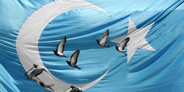 Pigeons fly over a flag of East Turkestan as Turks pray during funeral prayers for Uighur victims who were killed in China?s