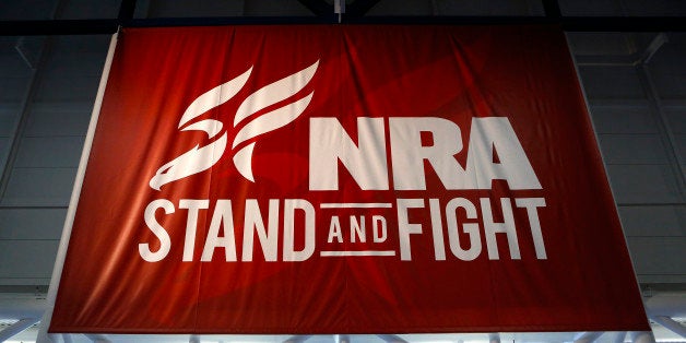 A National Rifle Association (NRA) banner is displayed during the organization's Annual Meetings & Exhibits at the George R.