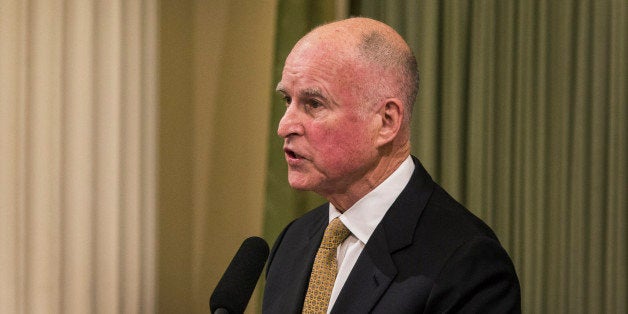 Jerry Brown, governor of California, delivers the State of the State address at the State Capitol in Sacramento, California, U.S., on Wednesday, Jan. 22, 2014. Brown discussed the state's economy, budget and drought, and his legislative agenda for the next year. Photographer: Ken James/Bloomberg via Getty Images