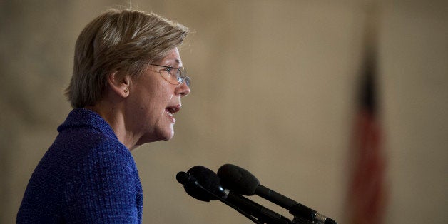 UNITED STATES - NOVEMBER 5: Sen. Elizabeth Warren, D-Mass., delivers the keynote speech during the event to release a new report, 'An Unfinished Mission: Making Wall Street Work for Us' held by the Roosevelt Institute and Americans for Financial Reform on Tuesday, Nov. 12, 2013, in the Russell Caucus Room. (Photo By Bill Clark/CQ Roll Call)