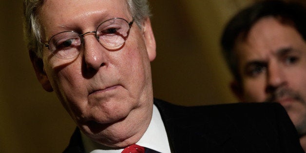 WASHINGTON, DC - NOVEMBER 21: Senate Minority Leader Mitch McConnell (R-KY) speaks at a press conference after the U.S. Senate passed the 'nuclear option', a controversial rules change relating to filibusters, at the U.S. Capitol November 21, 2013 in Washington, DC. The Senate voted 52-48 to change Senate rules on the filibusters for most presidential nominations with a simple majority vote. (Photo by Win McNamee/Getty Images)