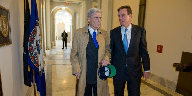 UNITED STATES - NOVEMBER 17: Freshmen Senator Mark Warner, D-VA., meets the man he replaces in the U.S. Senate John Warner, R-VA., for the first time since he won the election on November 4th. John Warner is of no relation to Mark. November 17, 2008. (Photo By Douglas Graham/Roll Call/Getty Images)