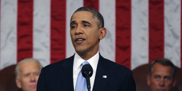 WASHINGTON, DC - JANUARY 28: U.S. President Barack Obama delivers his State of the Union speech on Capitol Hill on January 28, 2014 in Washington, DC. In his fifth State of the Union address, Obama is expected to emphasize on healthcare, economic fairness and new initiatives designed to stimulate the U.S. economy with bipartisan cooperation. (Photo by Larry Downing-Pool/Getty Images)