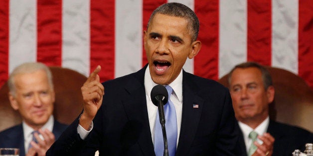 U.S. President Barack Obama, center, delivers the State of the Union address to a joint session of Congress as U.S. Vice President Joseph 'Joe' Biden, left, and House Speaker John Boehner, a Republican from Ohio, look on at the Capitol in Washington, D.C., U.S., on Tuesday, Jan. 28, 2014. Obama offered modest steps to chip away at the country's economic and social challenges in a State of the Union address that reflects the limits of his power to sway Congress. Photographer: Larry Downing/Pool via Bloomberg 