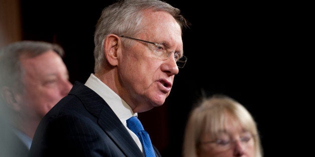 UNITED STATES - Jan 16: Sen. Richard Durbin, D-Ill., Senate Majority Leader Harry Reid, D-NV., and Sen. Patty Murray, D-Wash., during a press conference in the U.S. Capitol on unemployment insurance benefits on January 16, 2014. (Photo By Douglas Graham/CQ Roll Call)