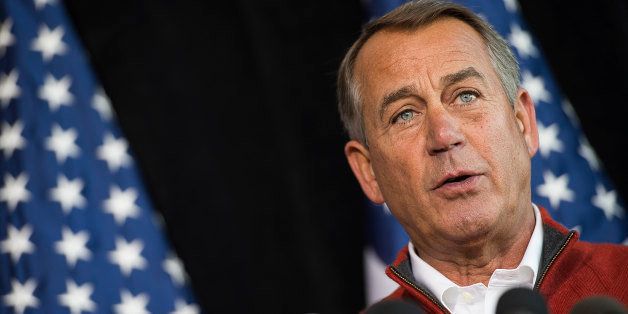 Speaker of the House John Boehner (R), R-Ohio, speaks during the House Republican Leadership press conference at the House Republican Issues Conference in Cambridge, Maryland, January 30, 2014. The leadership is expected to unveil a statement of principles that will guide their immigration strategy. AFP PHOTO / Jim WATSON (Photo credit should read JIM WATSON/AFP/Getty Images)