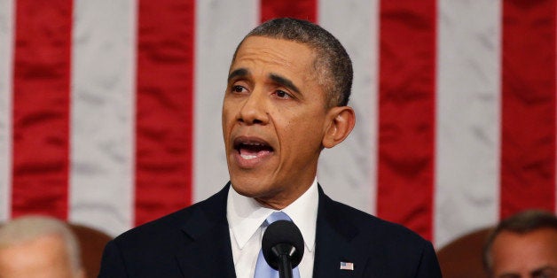 U.S. President Barack Obama, center, delivers the State of the Union address to a joint session of Congress as U.S. Vice President Joseph 'Joe' Biden, left, and House Speaker John Boehner, a Republican from Ohio, look on at the Capitol in Washington, D.C., U.S., on Tuesday, Jan. 28, 2014. Obama offered modest steps to chip away at the country's economic and social challenges in a State of the Union address that reflects the limits of his power to sway Congress. Photographer: Larry Downing/Pool via Bloomberg