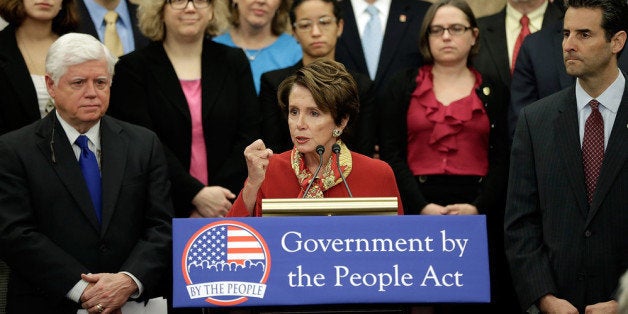 WASHINGTON, DC - FEBRUARY 05: House Minority Leader Rep. Nancy Pelosi (D-CA) speaks during an event to announce the introduction of the 'Government by the People Act' February 5, 2014 in Washington, DC.. The act is billed by Democrats as a 'bipartisan bill to reduce the influence of big money in politics and provide key reforms to our nation's campaign finance laws.' (Photo by Win McNamee/Getty Images)