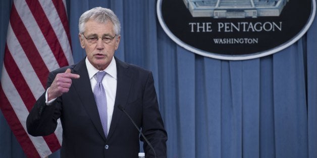 US Secretary of Defense Chuck Hagel speaks during a press conference following meetings with French Minister of Defense Jean-