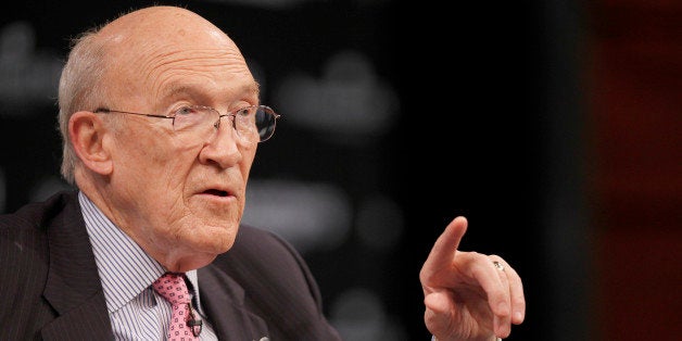 Alan Simpson, co-chairman of the National Commission on Fiscal Responsibility and Reform, speaks during the Moment Of Truth Project event in Washington, D.C., U.S., on Friday, April 19, 2013. Erskine Bowles and Simpson, the deficit-reduction duo, are trying to rekindle congressional interest in a $2.5 trillion package of spending cuts and tax increases with new details showing how it could work. Photographer: Julia Schmalz/Bloomberg via Getty Images