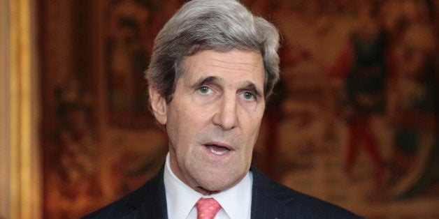 US Secretary of State John Kerry speaks during a visit on February 19, 2014 at the Quai d'Orsay, the Foreign ministry, in Paris. John Kerry yesterday condemned an eruption of violence in Ukraine and called on the government to return to talks. Expressing grave concern, Kerry said the US condemns 'the use of force or violence by any party'. AFP PHOTO / JACQUES DEMARTHON (Photo credit should read JACQUES DEMARTHON/AFP/Getty Images)