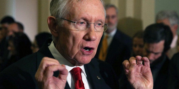 WASHINGTON, DC - FEBRUARY 04: Senate Majority Leader Harry Reid (D-NV), speaks to reporters after attending the weekly Democrat policy luncheon at the U.S. Capitol on February 4, 2014 in Washington, DC. Senate Democrats gathered at a luncheon to discuss various issues inlcluding todays Farm Bill vote. (Photo by Mark Wilson/Getty Images)