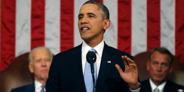 U.S. President Barack Obama, center, delivers the State of the Union address to a joint session of Congress as U.S. Vice President Joseph 'Joe' Biden, left, and House Speaker John Boehner, a Republican from Ohio, look on at the Capitol in Washington, D.C., U.S., on Tuesday, Jan. 28, 2014. Obama offered modest steps to chip away at the country's economic and social challenges in a State of the Union address that reflects the limits of his power to sway Congress. Photographer: Larry Downing/Pool via Bloomberg 