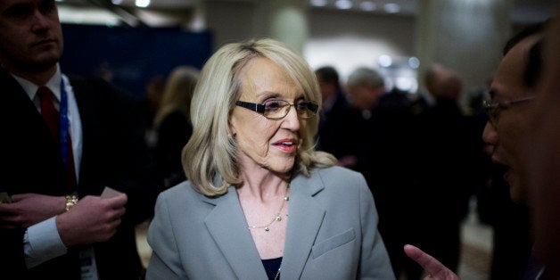 UNITED STATES - FEBRUARY 22: Arizona Governor Jan Brewer speaks with attendees of the National Governors Association Winter Meeting at the JW Marriott in Washington on Saturday, Feb. 22, 2014. (Photo By Bill Clark/CQ Roll Call)