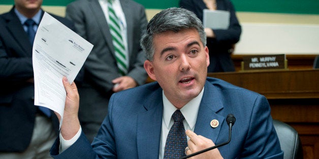 UNITED STATES - OCTOBER 30: Rep. Cory Gardner, R-Colo., questions HHS Secretary Kathleen Sebelius during her testimony before