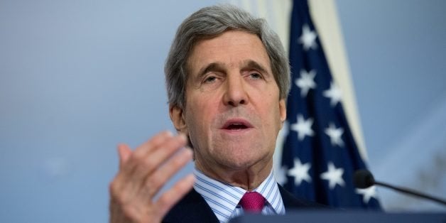 US Secretary of State John Kerry speaks to the press following talks with Colombian Foreign Minister Maria Holguin at the State Department in Washington,DC on February 28, 2014. AFP PHOTO/Nicholas KAMM (Photo credit should read NICHOLAS KAMM/AFP/Getty Images)