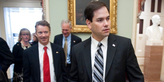 UNITED STATES Ð NOVEMBER 17: From left, Sen.-elect Rand Paul, R-Ky., and Sen.-elect Marco Rubio, R-Fla., leave the Mansfield Room during a break in freshman orientation on Wednesday, Nov. 17, 2010. (Photo By Bill Clark/Roll Call)