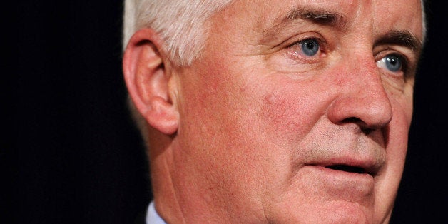 STATE COLLEGE, PA - NOVEMBER 11: Pennsylvania Governor Tom Corbett speaks with Penn State student leaders behind him during a press conference at the Nittany Lion Inn, November 11, 2011 in State College, Pennsylvania. Corbett has said he supports the Penn State Board of Trustees decision to fire former football head coach Joe Paterno. (Photo by Patrick Smith/Getty Images)