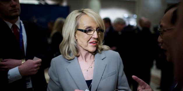 UNITED STATES - FEBRUARY 22: Arizona Governor Jan Brewer speaks with attendees of the National Governors Association Winter Meeting at the JW Marriott in Washington on Saturday, Feb. 22, 2014. (Photo By Bill Clark/CQ Roll Call)