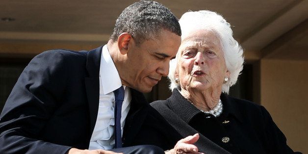 DALLAS, TX - APRIL 25: U.S. President Barack Obama (L) listens to former first lady Barbara Bush (R) during the opening ceremony of the George W. Bush Presidential Center April 25, 2013 in Dallas, Texas. The Bush library, which is located on the campus of Southern Methodist University, with more than 70 million pages of paper records, 43,000 artifacts, 200 million emails and four million digital photographs, will be opened to the public on May 1, 2013. The library is the 13th presidential library in the National Archives and Records Administration system. (Photo by Alex Wong/Getty Images)