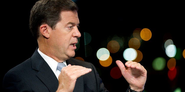 Sam Brownback, governor of Kansas, speaks during a Bloomberg Television interview inside the Bloomberg Link during the Republican National Convention in Tampa, Florida, U.S., on Tuesday Aug. 28, 2012. Mitt Romney secured enough delegates to officially win the Republican presidential nomination at the party's convention in Tampa. Photographer: David Paul Morris/Bloomberg via Getty Images