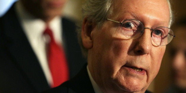 WASHINGTON, DC - MARCH 05: U.S. Senate Minority Leader Sen. Mitch McConnell (R-KY) speaks during a news briefing March 5, 2014 on Capitol Hill in Washington, DC. Senate GOP leaders spoke to members of the media after their weekly policy luncheon. (Photo by Alex Wong/Getty Images)