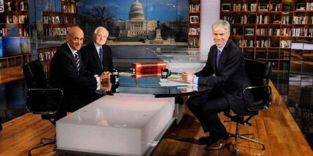 MEET THE PRESS -- Pictured: (l-r) Fmr. Secretary of Homeland Security Michael Chertoff, left, NBC Aviation Correspondent Bob Hager, center, and David Gregory, right, appear on 'Meet the Press' in Washington, D.C., Sunday, March 23, 2014. (Photo by: William B. Plowman/NBC/NBC NewsWire via Getty Images)