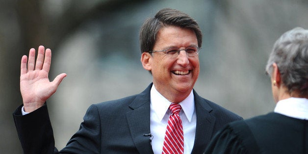 Chief Justice Sarah Parker administers, right, the oath of office to North Carolina Gov. Pat McCrory at the North Carolina State Capitol in Raleigh, North Carolina, Saturday, January 12, 2013. (Jeff Siner/Charlotte Observer/MCT via Getty Images)