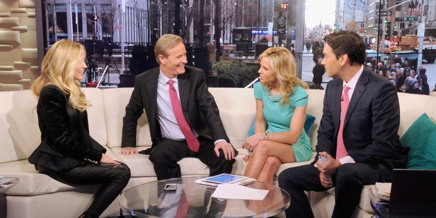 NEW YORK, NY - MARCH 14: (EXCLUSIVE COVERAGE) Kristin Cavallari (L) with hosts Steve Doocy, Elisabeth Hasselbeck and Clayton Morris on 'FOX & Friends' at FOX Studios on March 14, 2014 in New York City. (Photo by Jamie McCarthy/Getty Images)