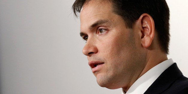 WASHINGTON, DC - MARCH 10: U.S. Sen. Marco Rubio (R-FL) answers questions after speaking at Google's office during an appearance before the Jack Kemp Foundation March 10, 2014 in Washington, DC. Rubio discussed Ònew policies to unleash American innovation and create well paying, middle class jobs during his address as part of the Kemp Forum on economic growth. (Photo by Win McNamee/Getty Images)